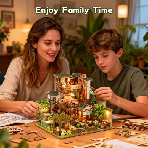 DIY Miniature House Kit, Dollhouse Kit, 3D Wooden Puzzles Bookshelf Craft Kits, Mini Doll House Building Kit for Adults Teen(Garden Cottage)