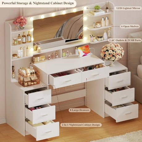 HUAHUU Large Vanity Desk with Mirror & Lights, White Makeup Vanity with 8 Drawers & 6 Storage Shelves, Vanity Set with LED Lights and Power Outlet, 3 Lighting Modes, Adjustable Brightness HUAHUU
