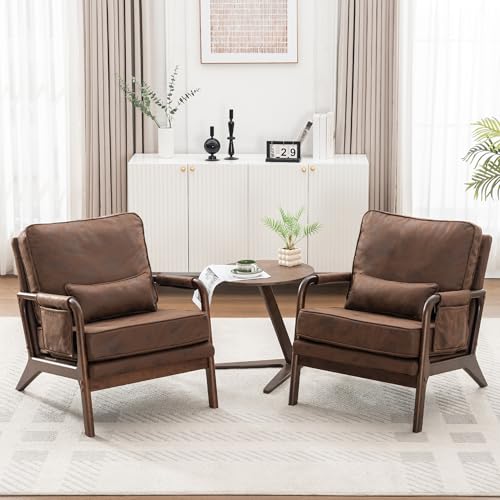 AILIUHUA Mid Century Modern Chair Set of 2, Upholstered Lounge Arm Chair with Solid Wood Frame, Comfy Accent Chair for Living Room, Bedroom, Reading, Reception, Brown AILIUHUA