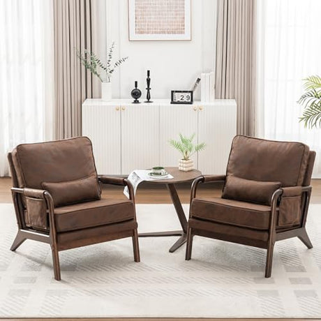 AILIUHUA Mid Century Modern Chair Set of 2, Upholstered Lounge Arm Chair with Solid Wood Frame, Comfy Accent Chair for Living Room, Bedroom, Reading, Reception, Brown AILIUHUA