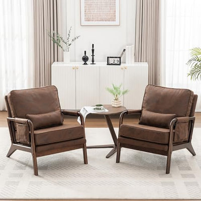 AILIUHUA Mid Century Modern Chair Set of 2, Upholstered Lounge Arm Chair with Solid Wood Frame, Comfy Accent Chair for Living Room, Bedroom, Reading, Reception, Brown