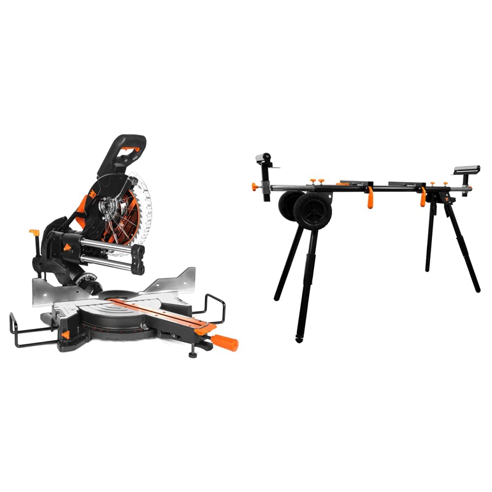 WEN MM1015 15-Amp 10-Inch Dual Bevel Sliding Compound Miter Saw with LED Cutline & Miter Saw Stand, Collapsible and Rolling with 3 Onboard Outlets WEN