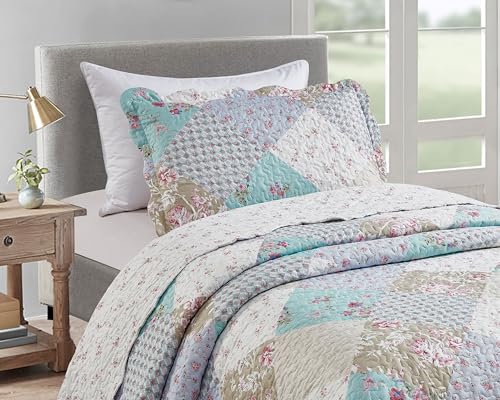 Brilliant Sunshine Blue and Green Rose Patchwork, 2-Piece Quilt Set with 1 Sham, Reversible Bedspread, Soft Lightweight Coverlet, All-Season, Twin, Blue Green Brilliant Sunshine