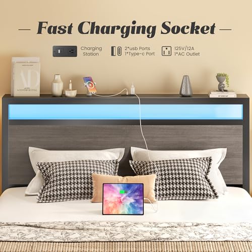 Fluest Queen Bed Frame with Headboard & Footboard, Bed Frame with Built-in Charging Station & LED Light, Storage Shelf, Noise-Free, No Box Spring Needed, Easy Assembly, Rustic Grey Fluest