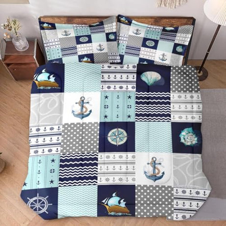 WeCozy Twin Size Comforter Set with Pillowcase, Nautical Blue Marine Summer 2 Pcs Bedding for Kids and Adults, Sea Ocean Boat Plaid Soft Comforter Set for Bedroom Bed Decor WeCozy