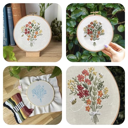 CRAFT CLUB Buzzing Bouquet Embroidery Kit | DIY Cross Stitch Craft Kit with Bamboo Hoop & Embroidery Thread Packs | Complete Arts & Crafts Supplies Gift Set for Beginners | Home & Room Décor Art Kit
