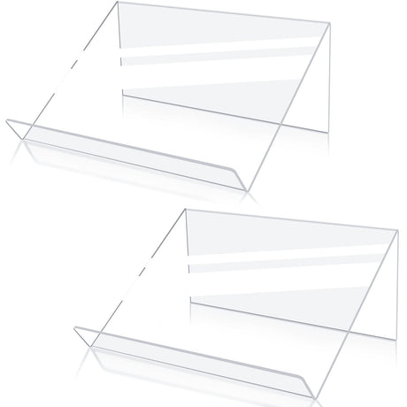 Kamehame Book Stands for Display, 2 Pack Slightly Elevated Clear Acrylic Book Display Stand with 1.5" Ledge, Book Easel Anti-slip Border for Handwriting Reading Art and Laptop, 12"x8.5"x5.1" Kamehame