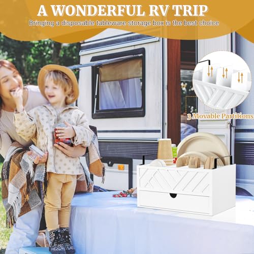 Paper Plate Dispenser with Drawer, Paper Plate Holder for Kitchen Counter, Wood Rustic Silverware Utensil Caddy, Cutlery Flatware Organizer for Cup Spoon Fork Plates Napkins, White Kitchen Accessories Zecela