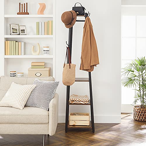 VASAGLE ALINRU Coat Rack with 3 Shelves, Stand with Hooks for Scarves, Bags and Umbrellas, Steel Frame, Industrial Style, Rustic Brown and Black ULCR80X VASAGLE