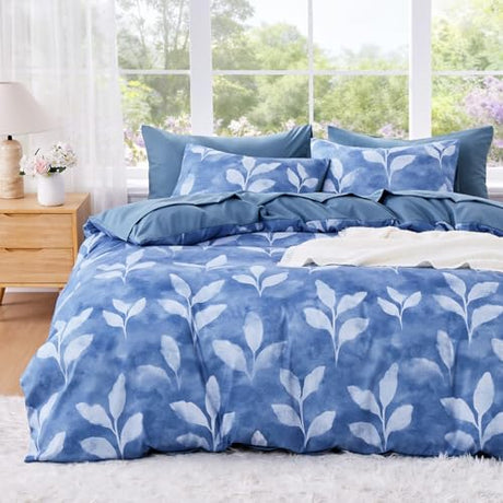 Wake In Cloud - Floral Duvet Cover Set, Vintage Farmhouse Cottagecore Style with Botanical Flowers and Branches Leaves Pattern, Soft Lightweight Bedding, 3-Piece, Dusty Blue, Twin/Twin XL Size Wake In Cloud