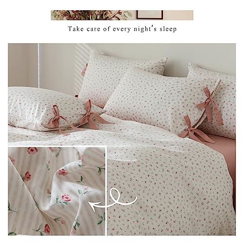 HighBuy Farmhouse Comforter Set Twin XL Botanical Floral Bedding Comforters for Teen Girls with 2 Bowknot Bow Tie Pillowcases Fluffy Soft Coquette Boho Comforter Cozy,Comfy Striped Comforter HighBuy