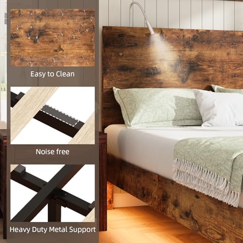BarnFurin Floating Twin Bed Frame with Led Lights, Wooden Bed Frame with Reading Light Headboard, Heavy Duty Metal Slats, No Box Spring Needed, Easy Assembly, Rustic Brown BarnFurin