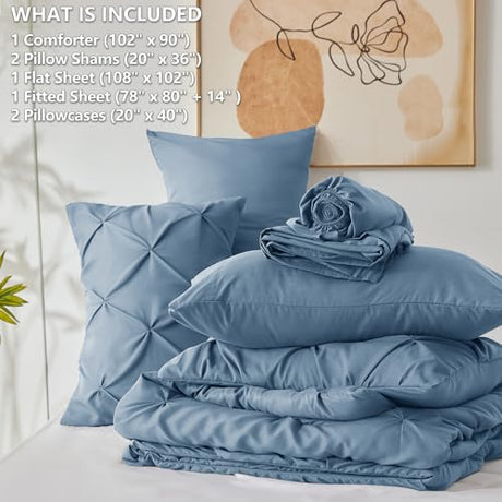 CozyLux King Size Comforter Set Grayish Blue, 7 Pieces Pintuck Bed in A Bag Blue Comforter King Size, Pinch Pleat Bedding Set with All Season Comforter, Sheets, Pillowcases & Shams CozyLux