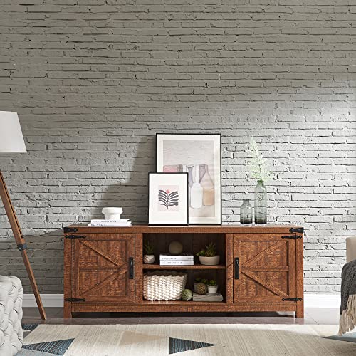 T4TREAM Farmhouse TV Stand for TVs Up to 75 inches, Wood Barn Door Media Television Console Table with Storage Cabinets, Easy Assembly Modern Entertainment Center for Living Room, Reclaimed Barnwood T4TREAM