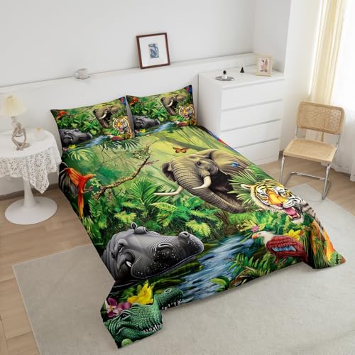 Jungle Animals Comforter Set - Queen Size Safari Animal Bedding with 1 Comforter and 2 Pillow Cases Erosebridal