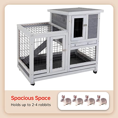 Rabbit Hutch Indoor and Outdoor Rabbit Cage 37 Inch Wide Wooden Hutch House Guinea Pig Cage with Wheels Rolling Large Hutch Cage,Grey - WoodArtSupply