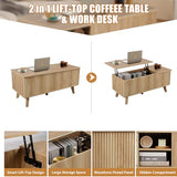 Wooden Fluted Lift Top Coffee Table with Hidden Compartment, Modern Rectangle Center Tables with Adjustable Storage Shelf, Lift Tabletop Dining Table for Home Living Room Office(Natural) XUZENEST