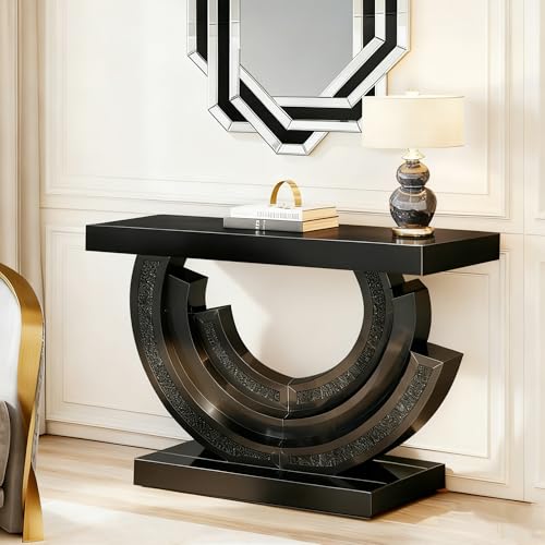 42.91" Mirrored Console Table with Crushed Diamond Inlay, Long Entryway Sofa Table with C-Shaped Base Modern Accent Narrow Tables for Living Room Hallway Foyer Entrance Black JIJIWANG