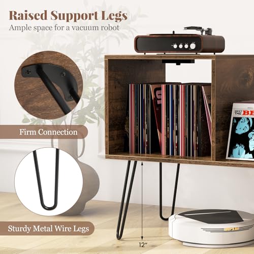 Giantex Record Player Stand with Charging Station, Turntable Stand with Vinyl Divider & Display Shelf, Mid-century Modern End Table Holds Up to 150 Albums, Vinyl Record Storage Cabinet for Living Room Giantex