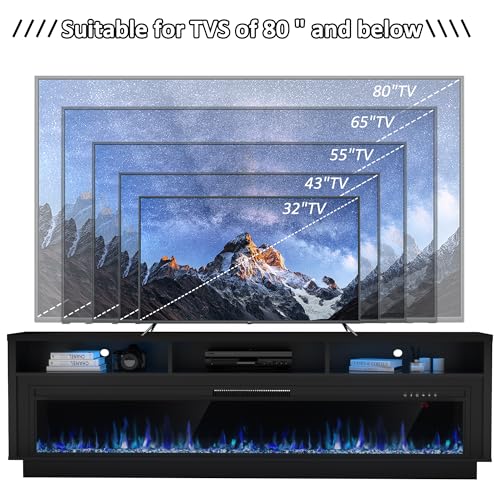 AHB 70" Fireplace TV Stand with 64" Electric Fireplace, LED Light Entertainment Center with Fireplace and Storage Cabinet, Media Console Table for TVs Up to 80 Inches, Ideal for Living Room, Black AHB