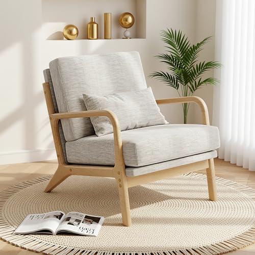 Claiks Mid-Century Modern Accent Chair, Living Room Armchair with Solid Wood Frame & Lumbar Pillow, Comfy Upholstered Lounge Chair for Bedroom, Office, Linen-Like Fabric, Light Gray Claiks