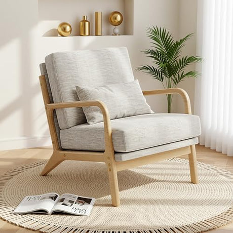 Claiks Mid-Century Modern Accent Chair, Living Room Armchair with Solid Wood Frame & Lumbar Pillow, Comfy Upholstered Lounge Chair for Bedroom, Office, Linen-Like Fabric, Light Gray Claiks