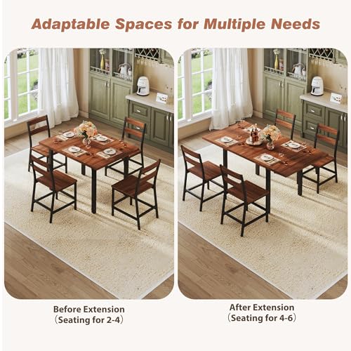 Dining Table Set for 4, Extendable Kitchen Table Set with 4 Chairs, Curved Backrest, Dining Room Table with Solid Metal Frame & MDF Board, for Kitchen Room and Small Spaces, Easy Assembly, Walnut ALEXNUTRE
