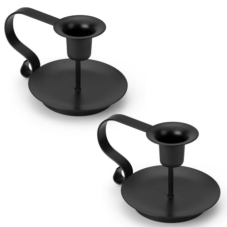 Black Metal Taper Candle Holders Set of 2, Vintage Chamberstick Candle Holder with Handle for Taper Candles, Farmhouse Rustic Candle Holders for Table Decor, Halloween Christmas Decoration AinDen