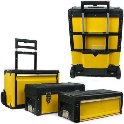 Portable Tool Box on Wheels - Stackable 3-in-1 Chest for Workshops and Craft Rooms - Foldable Comfort Handle and Latches by Stalwart (Black/Yellow) - WoodArtSupply