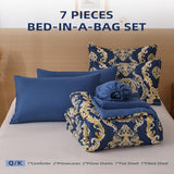 WONGS BEDDING Blue Gold Comforter Set King Size, Damask Texture 7 Pieces Bed in a Bag Microfiber Comforter Bedding Sets -1 Comforter, 1 Flat Sheet, 1 Fitted Sheet, 2 Pillow Shams, 2 Pillowcases WONGS BEDDING