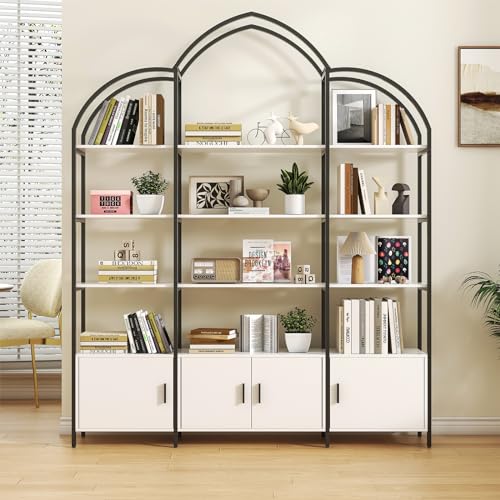 Semoic Stylish 5-Tier Triple Wide Arched Bookshelf with Cabinets - Black and White Etagere Bookcase for Home Office - WoodArtSupply