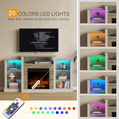 Rolanstar Fireplace TV Stand with LED Lights and Power Outlets, TV Console for 32" 43" 50" 55" 65", Entertainment Center with Adjustable Glass Shelves, Ivory White Rolanstar