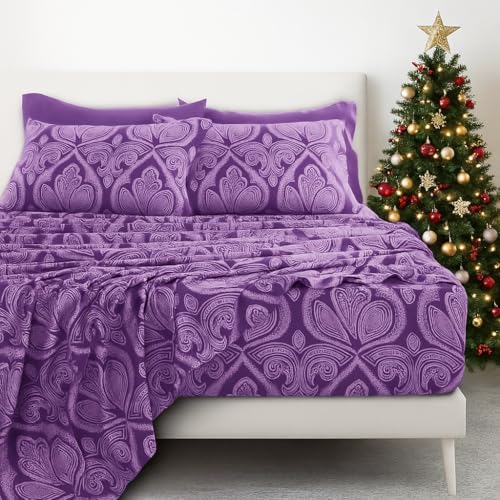 Ultra Soft Wrinkle-Free Microfiber Paisley King Sheet Set, Breathable Boho Bed Sheet Set – 16" Deep Pocket Fitted Sheet, Flat Sheet & 4 Pillowcases, Juegos de Sábanas, OEKO-TEX - Purple LDC LUX DECOR COLLECTION