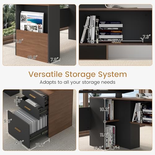 JOMEED 63" L Shaped Electric Standing Desk with Storage, Executive Adjustable Height with Power Outlets and Privacy Panel,Brown and Black JOMEED