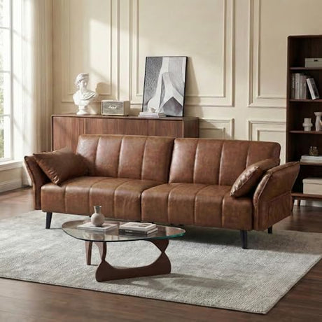 hausway 76.4" Leather Loveseat Sofa,Mid Century Modern Convertible Faux Leather Futon Couch with Adjustable Backrest&Armrest,Wooden&Steel Frame for Living Room,Apartment,Office,Space-Saving,Brown hausway