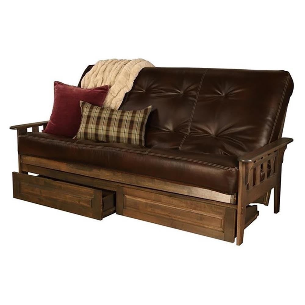 Kodiak Tucson Queen Futon Frame with Storage Drawers - Wood Futon Set with Mattress Included in Java Brown Faux Leather Mattress Kodiak Furniture