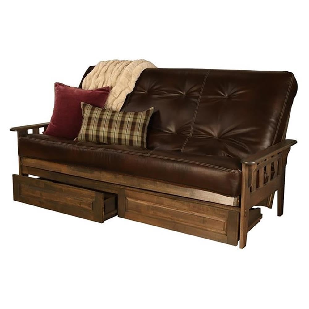 Kodiak Tucson Queen Futon Frame with Storage Drawers - Wood Futon Set with Mattress Included in Java Brown Faux Leather Mattress