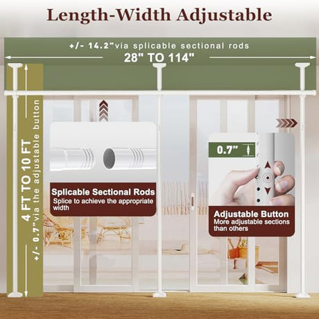 Goovilla Room Divider for Room Separation, Tension Curtain Rods No Drilling, 4-10ft(H) 28-114inch(W) Adjustable Temporary Privacy Wall Divider, Heavy Duty Freestanding Space Partition Separator, White Goovilla