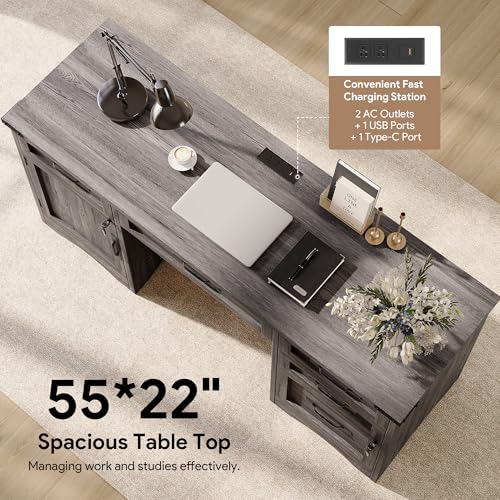 Decofy Farmhouse Executive Desk with Drawers, 55" Home Office Desks with Fast Charging Station, Lockable File Cabinet, Wood Writing Computer Desk for Work, Study, Grey Decofy