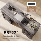 Decofy Farmhouse Executive Desk with Drawers, 55" Home Office Desks with Fast Charging Station, Lockable File Cabinet, Wood Writing Computer Desk for Work, Study, Grey Decofy