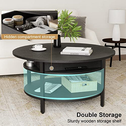 FABATO Round Lift Top Coffee Table for Living Room, 35.43'' Round Coffee Table with Storage and Hidden Compartment, 2 Tier Large Farmhouse Coffee Table Round Dining Table, Black - WoodArtSupply