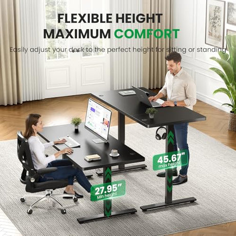 DeskShow Electric Standing Desk Adjustable - 63x30 Inch Sit Stand Desk with 1 Inch Thick Tabletop, Double Beam Frame, 3 Memory Height Adjustment, Cable Management for Home Office DeskShow