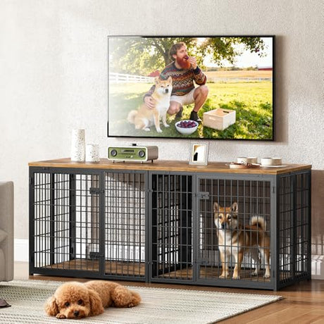 YATINEY Foldable Dog Crate Furniture for 2 Dogs, 63'' Double Dog Kennel Indoor with Removable Divider, Heavy Duty Dog Cage, for Small/Medium/Large Dog, TV Stand, Rustic Brown DC160BR YATINEY