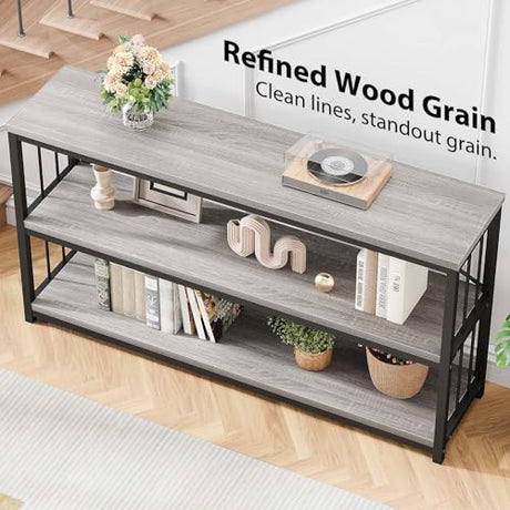 LVB Farmhouse Entryway Table, Metal Wood Console Table for Hallway, Industrial Rustic Sofa Table with 3-Tier Storage Shelf, Modern Entry Table for Foyer Front Home Living Room, Light Grey Oak, 47 inch LVB