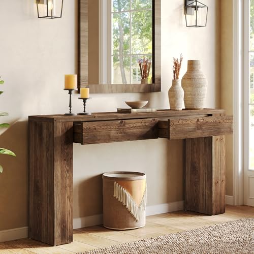 LITTLE TREE Sofa Table with 2 Drawers, 63 Inches Extra Long Console Table, Solid Wood Sofa Table Behind Couch, Large Entryway Hallway Foyer Tables for Living Room, Entrance, Rustic Brown LITTLE TREE