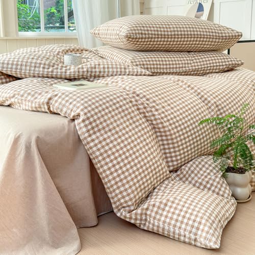 LifeTB Tan Gingham Comforter Set California King 3 Pieces Modern Plaid Comforter Set Beige Grid Comforter with 2 Pillowcases Soft Fluffy Checkered Grid Pattern Gingham Bedding Set for All Seasons LifeTB