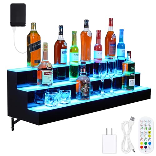Takywep LED Lighted Liquor Bottle Display Shelf, 3-Step 30-Inch Wall Mounted Lighted Liquor Bottle Shelf with Remote & App Control, Acrylic Lighted Bottle Display Stand for Home Commercial Bar Takywep