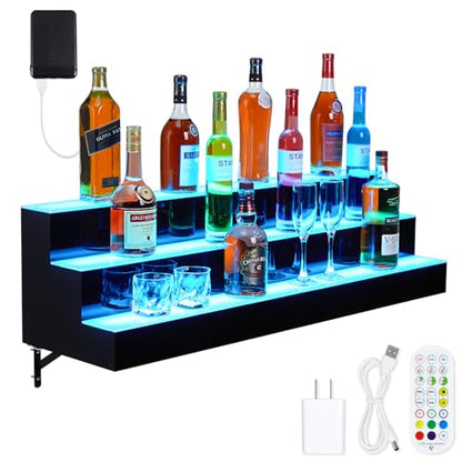 Takywep LED Lighted Liquor Bottle Display Shelf, 3-Step 30-Inch Wall Mounted Lighted Liquor Bottle Shelf with Remote & App Control, Acrylic Lighted Bottle Display Stand for Home Commercial Ba - WoodArtSupply