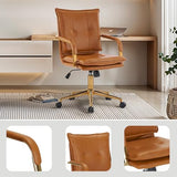 MOJAY Mid-Back Ergonomic Leather Office Chair, Modern Upholstered Executive Desk Chair with Gold Frame Armrest Computer Task Chair (Camel) MOJAY