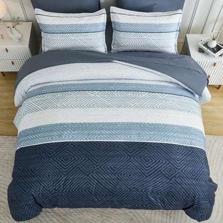 Drucon Comforter Set Queen Size 7 Piece Bed in a Bag Boho Blue Striped Bedding Set Soft Microfiber Comforter and Sheet Set for All Season (Queen, 90"x90") Drucon